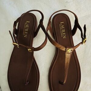Lauren Ralph Lauren Brown T-Strap Sandals with Gold Buckle